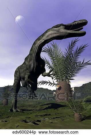 Stock Illustration - Monolophosaurus dinosaur roaring next to cycadeoidea plant.. Fotosearch