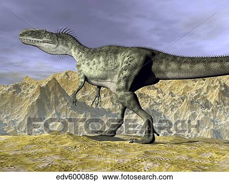 Stock Illustration - Monolophosaurus dinosaur walking on rocky terrain near mountain.. Fotosearch