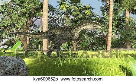 Stock Illustration - Monolophosaurus in a prehistoric tropical landscape.. Fotosearch