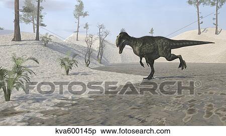 Stock Illustration - Monolophosaurus running across a desert landscape.. Fotosearch