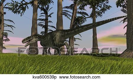 Stock Illustration - Monolophosaurus running across a grassy field.. Fotosearch