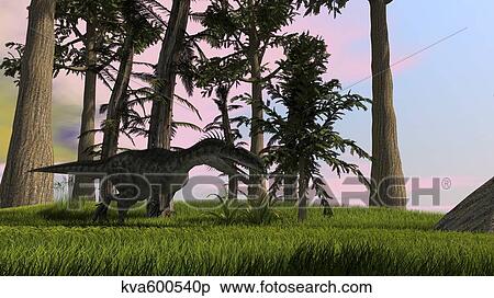 Stock Illustration - Monolophosaurus running across a grassy field.. Fotosearch