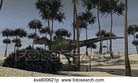 Stock Illustration - Monolophosaurus running along a stream.. Fotosearch