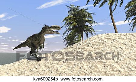 Stock Illustration - Monolophosaurus running along the shore.. Fotosearch