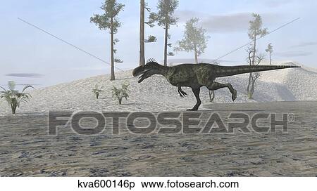 Stock Illustration - Monolophosaurus running along the shoreline.. Fotosearch