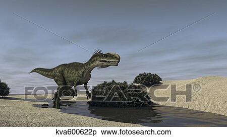 Stock Illustration - Monolophosaurus running through a stream.. Fotosearch