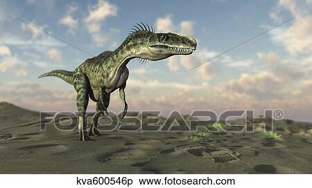 Stock Illustration - Monolophosaurus walking across desert terrain.. Fotosearch