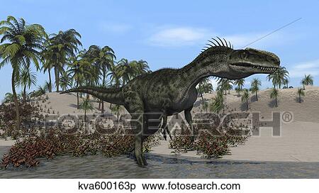 Monolophosaurus walking along shallow water. View Large Illustration Stock Illustration - Monolophosaurus walking along shallow water.. Fotosearch