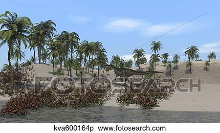 Stock Illustration - Monolophosaurus walking in a tropical environment.. Fotosearch