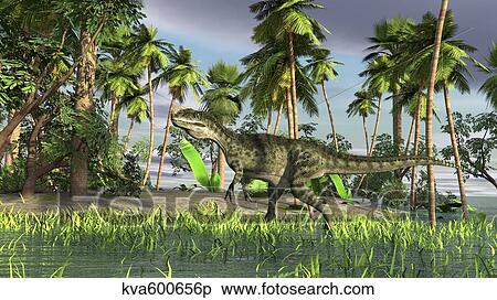 Stock Illustration - Monolophosaurus walking through shallow water.. Fotosearch