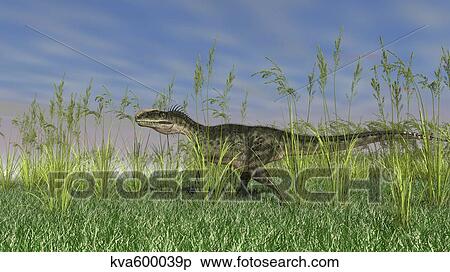 Stock Illustration - Monolophosaurus walking through tall grass.. Fotosearch