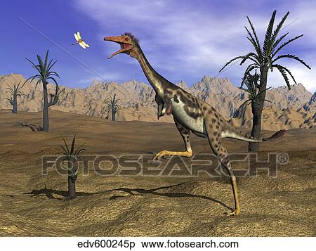 Mononykus dinosaur chasing a dragonfly in the desert. View Large Illustration Stock Illustration - Mononykus dinosaur chasing a dragonfly in the desert.. Fotosearch