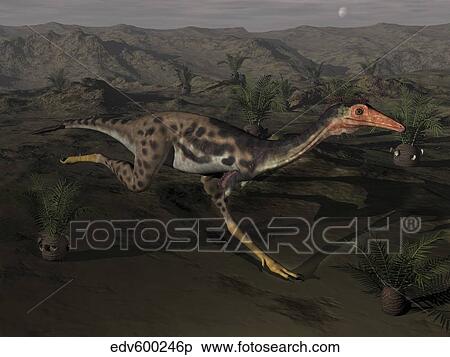 Stock Illustration - Mononykus dinosaur running at night.. Fotosearch