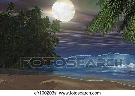 Stock Illustration - Moonlight shines down on the beach during the night of a full moon.. Fotosearch