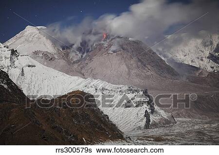 Moonlit view of glowing lava down flank of Shiveluch Volcano. View Large Photo Image Stock Photograph - Moonlit view of glowing lava down flank of Shiveluch Volcano.. Fotosearch