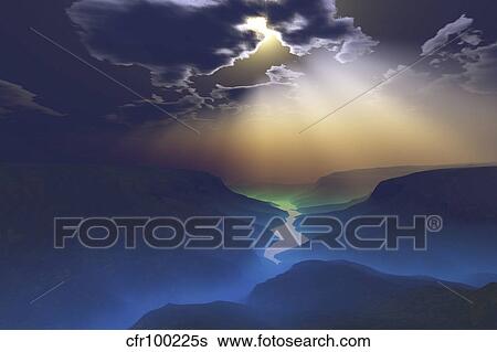 Stock Illustration - Morning mist surrounds the mountains of this beautiful valley.. Fotosearch