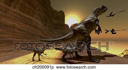 Mother Allosaurus observes Archaeopteryx birds at sunset. View Large Illustration Stock Illustration - Mother Allosaurus observes Archaeopteryx birds at sunset.. Fotosearch