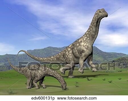 Stock Illustration - Mother Argentinosaurus dinosaur and baby grazing a green landscape.. Fotosearch