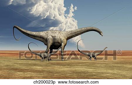 Stock Illustration - Mother Diplodocus dinosaur walks along with her brood of youngsters.. Fotosearch
