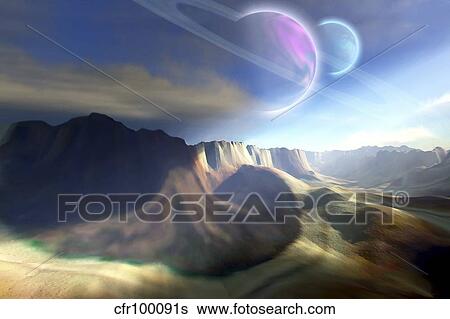 Mountainous landscape on a futuristic world with two beautiful moons. View Large Illustration Stock Illustration - Mountainous landscape on a futuristic world with two beautiful moons.. Fotosearch
