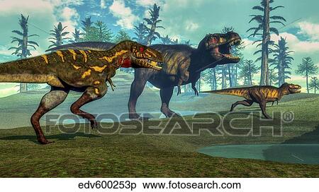 Stock Illustration - Nanotyrannus hunting a small Tyrannosaurus next to its parent.. Fotosearch