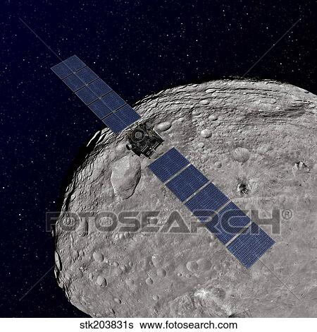 Stock Illustration - NASA's Dawn spacecraft orbiting the giant asteroid Vesta.. Fotosearch