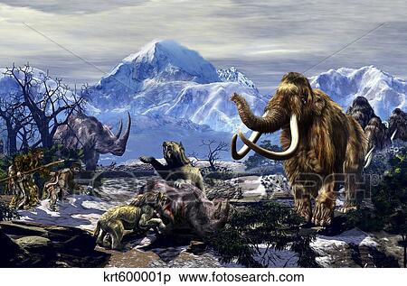 Neanderthals approach a group of Machairodontinae feeding with a herd of Woolly Mammoths. View Large Illustration Stock Illustration - Neanderthals approach a group of Machairodontinae feeding with a herd of Woolly Mammoths.. Fotosearch