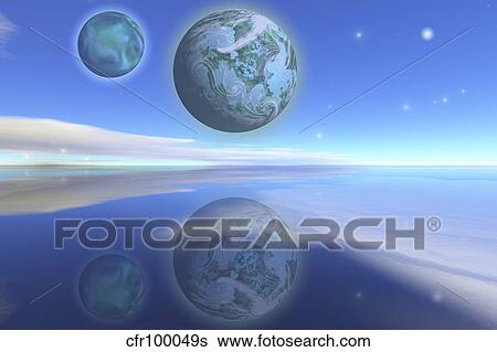 Stock Illustration - Nearby planets hover over the ocean on this world.. Fotosearch