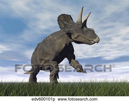 Nedoceratops dinosaur grazing in grassy field. View Large Illustration Stock Illustration - Nedoceratops dinosaur grazing in grassy field.. Fotosearch