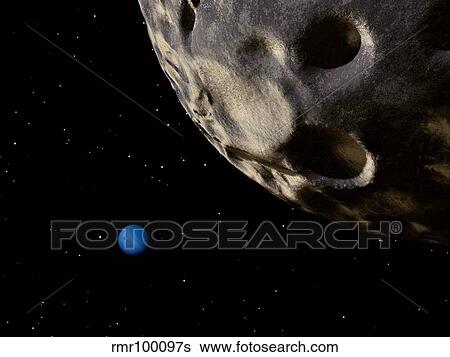 Stock Illustration - Neptune seen from its tiny, distant moon, Nereid.. Fotosearch