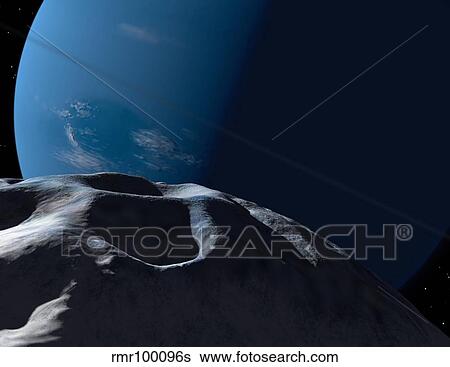 Stock Illustration - Neptune seen from the surface of its tiny moon, Naiad.. Fotosearch