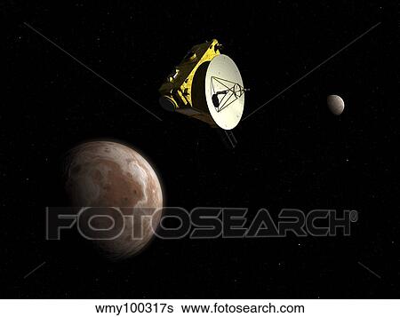 New Horizons spacecraft flies by dwarf planet Pluto and its moon Charon. View Large Illustration Stock Illustration - New Horizons spacecraft flies by dwarf planet Pluto and its moon Charon.. Fotosearch
