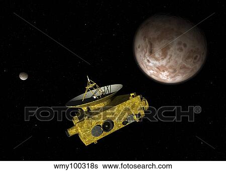 Stock Illustration - New Horizons spacecraft over dwarf planet Pluto and its moon Charon.. Fotosearch