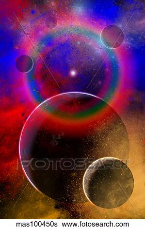 Stock Illustration - New planets and solar systems forming within a gaseous nebula.. Fotosearch