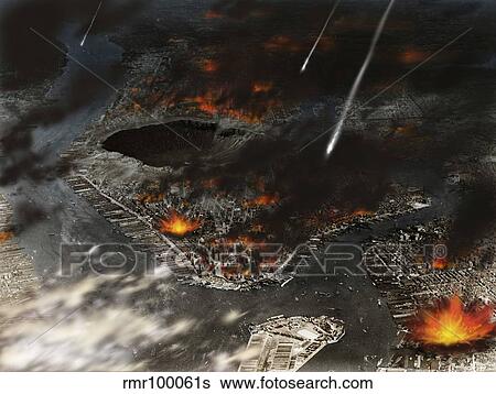 Stock Illustration - New York is being pummeled by meteors.. Fotosearch