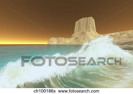 Stock Illustration - Ocean waves break at dawn on this coastline.. Fotosearch