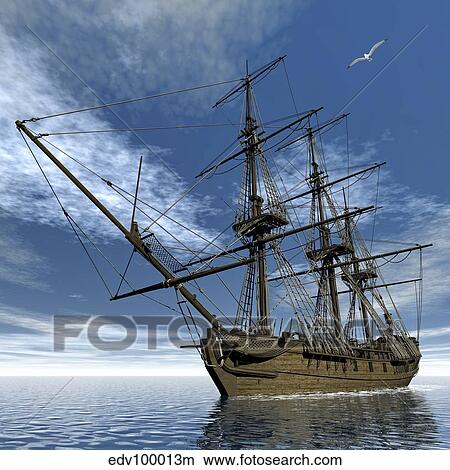 Stock Illustration - Old Meduse frigate of the French Navy navigating the ocean by day.. Fotosearch