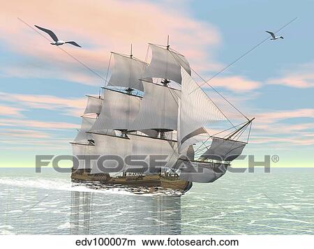 Stock Illustration - Old merchant ship sailing in the ocean with seagulls above.. Fotosearch