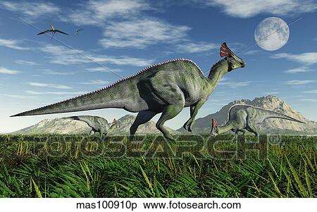 Olorotitan duckbill dinosaurs grazing. View Large Illustration Stock Illustration - Olorotitan duckbill dinosaurs grazing.. Fotosearch