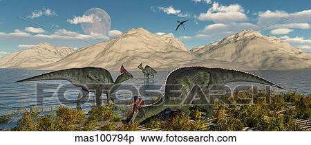 Olorotitan duckbilled dinosaurs grazing. View Large Illustration Stock Illustration - Olorotitan duckbilled dinosaurs grazing.. Fotosearch