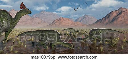 Olorotitan duckbilled dinosaurs grazing. View Large Illustration Stock Illustration - Olorotitan duckbilled dinosaurs grazing.. Fotosearch