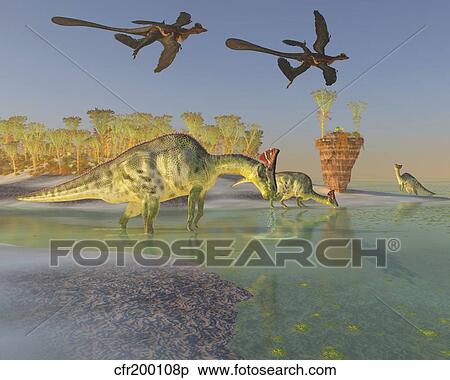 Olorotitan eat duckweed in a large swamp as two Microraptors fly above. View Large Illustration Stock Illustration - Olorotitan eat duckweed in a large swamp as two Microraptors fly above.. Fotosearch