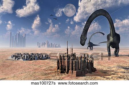 Stock Illustration - Omeisaurus dinosaurs come into contact with an advanced prehistoric civilization.. Fotosearch