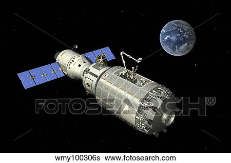 Orbital maintenance platform in high Earth orbit. View Large Illustration Stock Illustration - Orbital maintenance platform in high Earth orbit.. Fotosearch