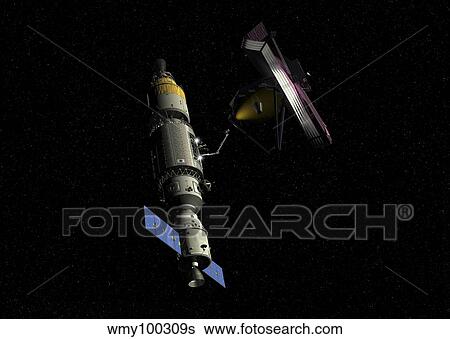Orbital maintenance platform rendezvous with the James Webb Space Telescope. View Large Illustration Stock Illustration - Orbital maintenance platform rendezvous with the James Webb Space Telescope.. Fotosearch