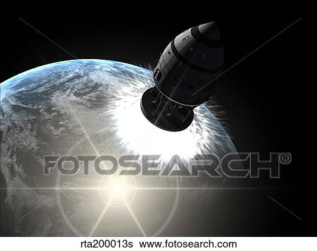 Orion-drive spacecraft leaving Earth orbit. View Large Illustration Stock Illustration - Orion-drive spacecraft leaving Earth orbit.. Fotosearch