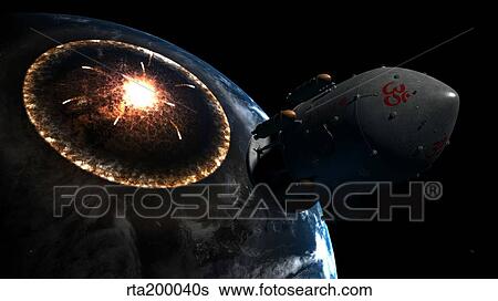 Stock Illustration - Orion-drive spacecraft leaving Earth impacted by a comet.. Fotosearch