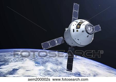 Orion module in orbit above Earth. View Large Illustration Stock Illustration - Orion module in orbit above Earth.. Fotosearch