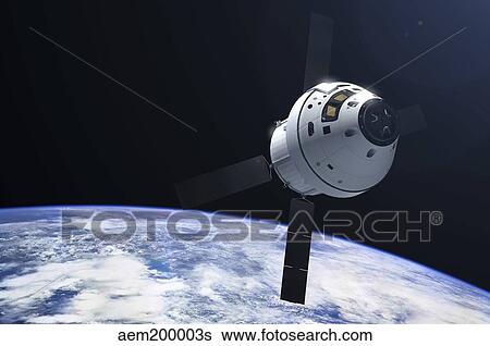 Orion module in orbit above Earth. View Large Illustration Stock Illustration - Orion module in orbit above Earth.. Fotosearch