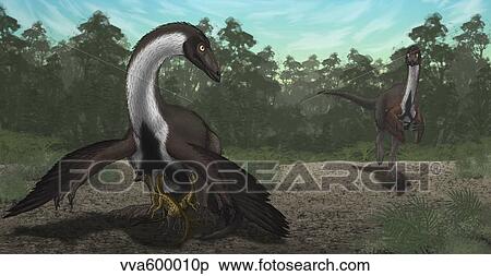 Stock Illustration - Ornithomimus mother dinosaur with juveniles, adult male in background.. Fotosearch
